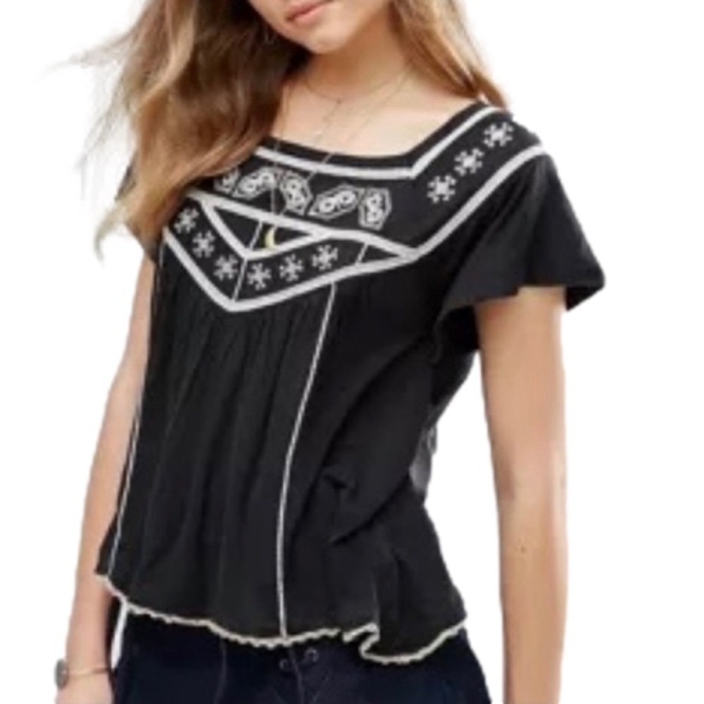 FREE PEOPLE Muse Top Embroidered Linen Blend Black Cream White Women Size XS